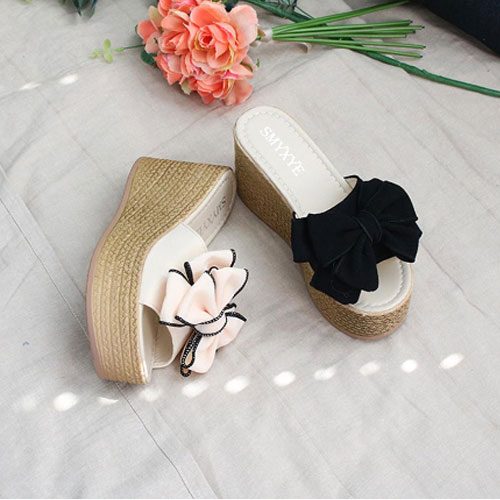 리본 여성 여름 신발 사무실 통굽 슬리퍼 (9.0 cm)