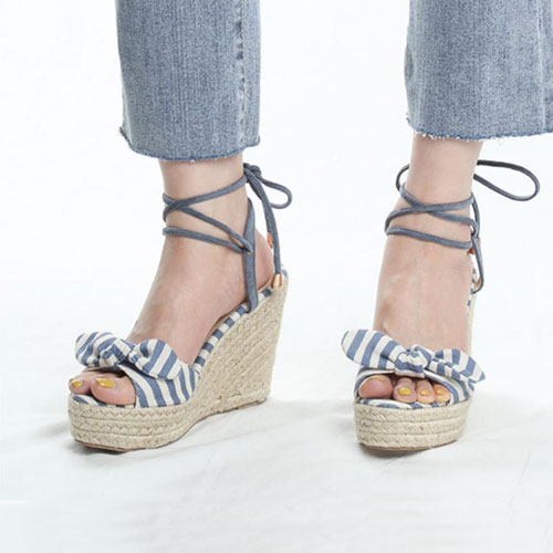 줄 무늬 리본 여성 여름 신발 편안한 웨지힐 샌들 (11 cm)