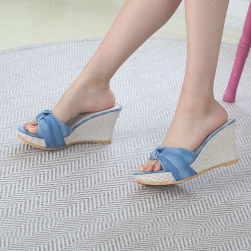 데님 리본 여성 여름 발편한 신발 통굽 슬리퍼 (8.0 cm)