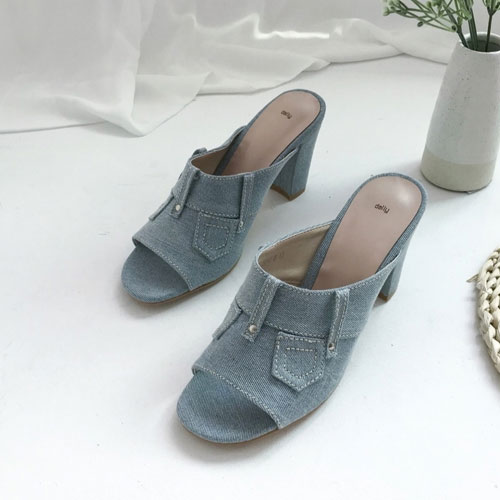 블루진 오픈 여름 신발 여성 슬리퍼 힐 뮬 (8.0 cm)