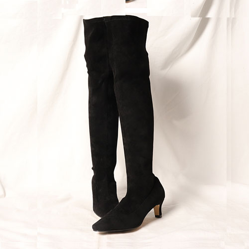 뾰족 여성 신발 스웨이드 미들힐 롱부츠 (5.5 cm)