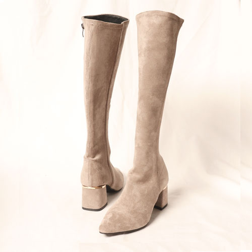 금장 뒷굽 여성 신발 스웨이드 미들힐 롱부츠 (6.0 cm)