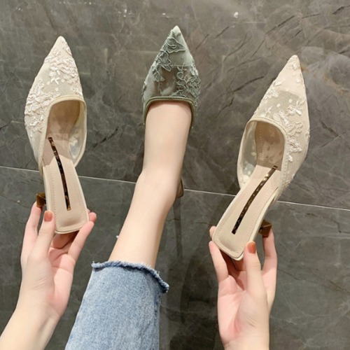 망사 뾰족코 데일리 패션 여자 미들굽 뮬 신발 (5.5cm)